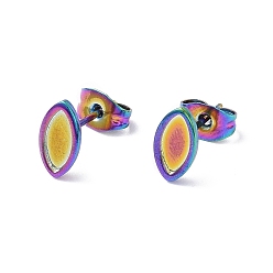Rainbow Color Ion Plating(IP) 304 Stainless Steel Stud Earring Finding, Earring Settings, Horse Eye, Rainbow Color, 9.3x5mm, Pin: 0.8mm, Tray: 7.5x3.4mm