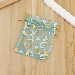 Turquoise Moyen Sacs-cadeaux rectangulaires en organza avec cordon de serrage, pochettes en forme de coeur d'estampage d'or pour le stockage de cadeaux de noce, turquoise moyen, 16x11 cm