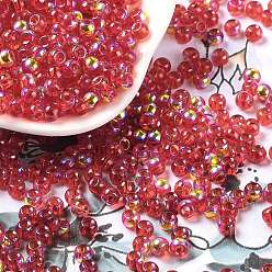 Rouge Indien Perles de rocaille en verre, demi-plaqué, couleurs transparentes arc, trou rond, ronde, rouge indien, 4x3mm, Trou: 1.2mm, 7500 pcs / livre