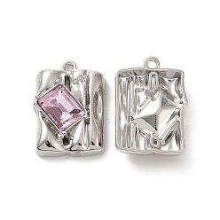 Pearl Pink Rack Plating Alloy Glass Pendants, Cadmium Free & Lead Free & Nickle Free, Platinum Tone Rectangle Charms, Pearl Pink, 20x14x5mm, Hole: 1.2mm