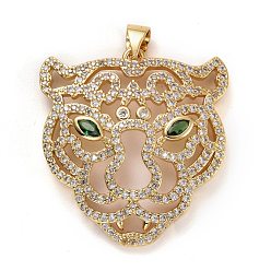 Real 18K Gold Plated Brass Micro Pave Clear & Green Cubic Zirconia Pendants, Long-Lasting Plated, Lead Free & Cadmium Free, Tiger Head, Real 18K Gold Plated, 28.5x27x4.5mm, Hole: 5x3mm