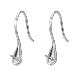 Platinum Rhodium Plated 925 Sterling Silver Earring Hooks, with Cup Pearl Bail Pin for Half Drilled Beads, Platinum, 15x3.5x12mm, Bail 22 Gauge, Pin: 0.6mm, 21 Gauge, Pin: 0.7mm