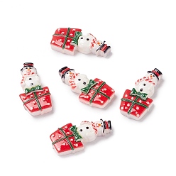 Red Christmas Themed Opaque Resin Cabochons, Snowman with Gift Box, Red, 26.5x13x5mm