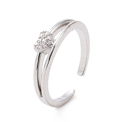 Platinum Clear Cubic Zirconia Heart Open Cuff Ring, Brass Jewelry for Women, Platinum, Inner Diameter: 16mm