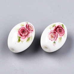 White Printed & Spray Painted Opaque Glass Beads, Oval with Floral Pattern, White, 15x10mm, Hole: 1.6mm