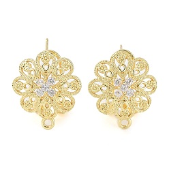 Real 18K Gold Plated Flower Brass Micro Pave Cubic Zirconia Stud Earrings Finding, with Horizontal Loops, Cadmium Free & Lead Free, Real 18K Gold Plated, 18x16mm, Hole: 1.2mm, Pin: 0.8mm