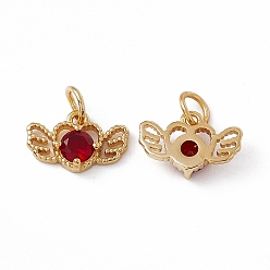 Crimson Rack Plating Brass Cubic Zirconia Charms, Heart with Wing Charm, with Jump Ring, Long-Lasting Plated, Real 18K Gold Plated, Lead Free & Cadmium Free, Crimson, 8.5x13.5x3.5mm, Hole: 3.2mm