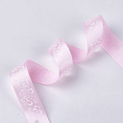 Pink Single Face Satin Ribbon, Polyester Ribbon, Flower Pattern, Pink, 1 inch(25mm), about 50yards/roll(45.72m/roll)