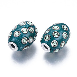 Teal Handmade Indonesia Beads, with Alloy Findings, Oval, Antique Silver, Teal, 21~22x15~16mm, Hole: 3mm