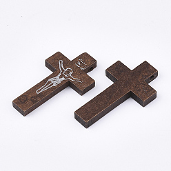 Brun De Noix De Coco Pendentifs en bois imprimées, crucifix croix, pour Pâques, teint, brun coco, 41.5~42.5x23.5~24.5x4.5mm, Trou: 2mm