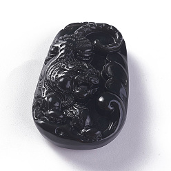 Obsidian Natural Obsidian Pendants, Oval with Tiger, 54x34.5x18mm, Hole: 1mm