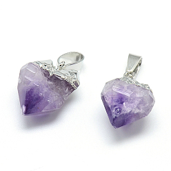 Platinum Electroplated Natural Amethyst Pendants, with Iron Findings, Nuggets, Platinum, 15~25x15~22x10~15mm, Hole: 6x3.5mm