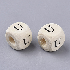 Letter U Printed Natural Wood Beads, Horizontal Hole, Cube with Initial Letter, PapayaWhip, Letter.U, 10x10x10mm, Hole: 3.5mm, about 1000pcs/500g