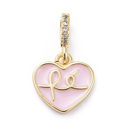 Pink Cubic Zirconia Charms, with Brass Findings and Enamel, Heart, Golden, Pink, 12x11.5x2mm, Hole: 2x3.5mm