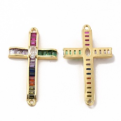 Colorful Rack Plating Brass Pave Cubic Zirconia Connector Charms, Cadmium Free & Lead Free, Real 18K Gold Plated, Religion Cross Links, Colorful, 39x22x4mm, Hole: 1.2mm