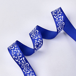 Blue Single Face Satin Ribbon, Polyester Ribbon, Flower Pattern, Blue, 1 inch(25mm), about 50yards/roll(45.72m/roll)