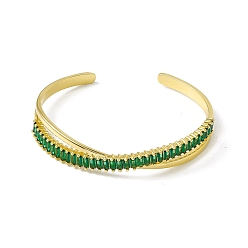 Real 18K Gold Plated Green Cubic Zirconia Criss Cross Open Cuff Bangle, Rack Plating Brass Jewelry for Women, Cadmium Free & Lead Free & Nickle Free, Real 18K Gold Plated, Inner Diameter: 2-3/8 inch(6.05cm)