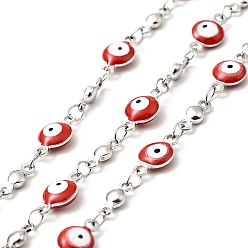 FireBrick Enamel Flat Round with Evil Eye Link Chains, with Stainless Steel Color Plated 304 Stainless Steel Findings, Unwelded, with Spool, FireBrick, 11x6x3mm, 8x3x2mm