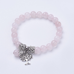 Quartz Rose Bracelets de charme stretch rose quartz naturel, avec des pendentifs en alliage d'arbre, avec des sacs de paking de toile de jute, argent antique, 2-3/8 pouces (60 mm)