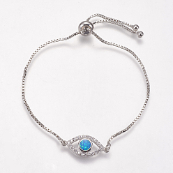 Deep Sky Blue Adjustable Brass Bolo Bracelets, Slider Bracelets, with Synthetic Opal and Cubic Zirconia, Eye, Platinum, Deep Sky Blue, 8-3/4 inch(222mm), 1mm, Link: 20x9x3mm