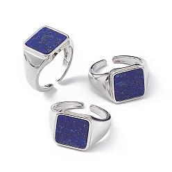 Lapis Lazuli Natural Lapis Lazuli Square Open Cuff Ring, Platinum Brass Jewelry for Women, Cadmium Free & Lead Free, Inner Diameter: 16mm