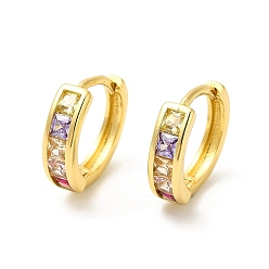 Colorful Cubic Zirconia Rectangle Hoop Earrings, Real 18K Gold Plated Brass Jewelry for Women, Cadmium Free & Nickel Free & Lead Free, Colorful, 13x14.5x2~4mm, Pin: 1mm