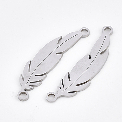 Stainless Steel Color 201 Stainless Steel Links connectors, Laser Cut Links, Feather, Stainless Steel Color, 28.5x7.5x1mm, Hole: 1.8mm