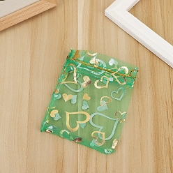 Vert Mer Moyen Sacs-cadeaux rectangulaires en organza avec cordon de serrage, pochettes en forme de coeur d'estampage d'or pour le stockage de cadeaux de noce, vert de mer moyen, 16x11 cm