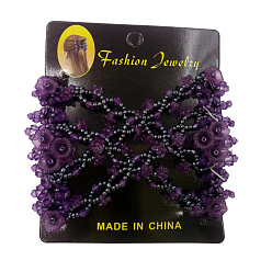Dark Violet Iron Hair Bun Makers, Stretch Double Hair Combs, with Acrylic and Glass seed beads, Dark Violet, 90x80mm