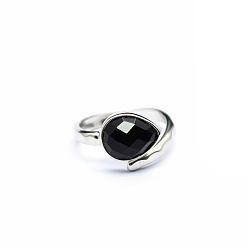 Obsidiana Anillos abiertos con forma de lágrima de obsidiana natural, anillo de latón platino, tamaño de EE. UU. 8 (18.1 mm)