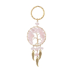 Quartz Rose Filet/toile tissé avec porte-clés pendentif aile, avec éclats de quartz rose naturel et porte-clés en fer, plat et circulaire avec arbre de vie, 10.9~11 cm