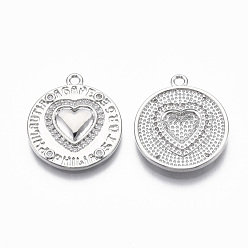 Real Platinum Plated Brass Micro Pave Cubic Zirconia Pendants, Flat Round with Heart & Greek Words for Love, Nickel Free, Clear, Real Platinum Plated, 23.5x21x2.5mm, Hole: 1.8mm