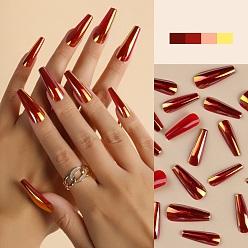 Dark Red Plastic Laser Out Full Cover False Nail Tips, Press on long Coffin Nails, Nail Art Detachable Manicure, Teardrop, Dark Red, 26.5~32.5x6.5~13.5mm, 24pcs/box