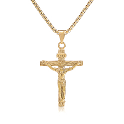 Golden Cross Pendant Necklace with Jesus Crucifix Religious Necklace Sacrosanct Charm Neck Chain Jewelry Gift for Birthday Easter Thanksgiving Day, Golden, 21.65 inch(55cm)