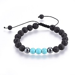 Synthetic Turquoise Natural Lava Rock and Non-Magnetic Synthetic Hematite Beads Braided Bead Bracelets, with Synthetic Turquoise, 2-1/8 inch~3 inch(5.3~7.8cm)