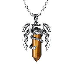 Tiger Eye Natural Tiger Eye Bullet with Dragon Pendant Necklace with Zinc Alloy Chains, 19.69 inch(50cm)