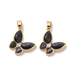 Black Butterfly Brass Micro Pave Clear Cubic Zirconia  Pendants, with Cat Eye, Cadmium Free & Lead Free, Real 18K Gold Plated, Black, 21x19x4mm, Hole: 3.3x4.3mm