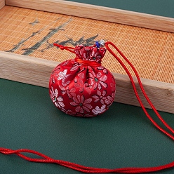 Roja Bolsas de almacenamiento de flores bordadas de tela, bolsa de embalaje de bolsas con cordón, rondo, rojo, 7.5x8 cm