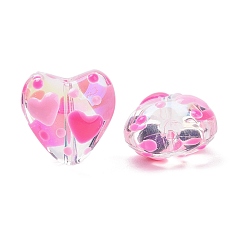 Rosa Caliente Hebras de cuentas de esmalte de vidrio hechas a mano para el día de San Valentín, corazón, color de rosa caliente, 13.5x14x8~9 mm, agujero: 1.2 mm, sobre 30 unidades / cadena