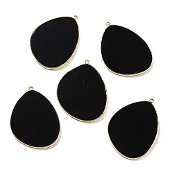 Black Onyx Colgantes de ónix negro natural (teñido y calentado), amuletos de huevo de latón chapado en estante, dorado, 41.5~43x30.5~31x2.4 mm, agujero: 1.3~2 mm