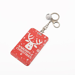 Deer Christmas Themed Plastic Keychain Card Sleeve, with Keychain Clasp and Bell, for Bus Pass Work Badge Card Holders, Deer, 110x70mm