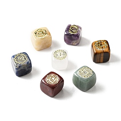 Mixed Stone 7Pcs 7 Styles Natural Mixed Stone Beads, with Long-Lasting Plated Golden Tone Brass Chakra Pattern Slices, Lead Free & Cadmium Free, No Hole, Cube, 15.5~18x15~17x14.5~17mm, 1pc/style