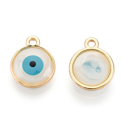 White Epoxy Resin Enamel Evil Eye Charms, with Rack Plating Light Gold Tone Alloy Open Back Bezel, Cadmium Free & Nickel Free & Lead Free, White, 12.5x10x1.5~2.5mm, Hole: 1.2mm