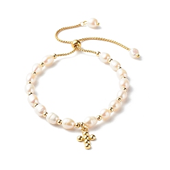 Beige Adjustable Natural Pearl Beads Slider Bracelets, with 304 Stainless Steel Venetian Chains and Brass Cross Charm, Beige, 0.15cm, Inner Diameter: 1-3/4~3-1/4 inch(4.5~8.2cm)