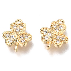Real 14K Gold Plated Brass Micro Pave Clear Cubic Zirconia Links Connectors, Long-Lasting Plated, Clover, Real 14K Gold Plated, 11x9x2.5mm, Hole: 0.7mm and 1mm