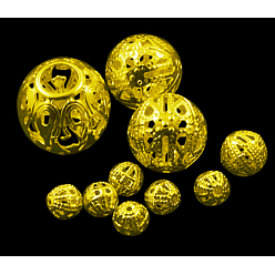 Golden Iron Filigree Beads, Nickel Free, Round, Golden Color, Size: about 6~16mm in diameter, 6~15mm thick, hole: 1~6mm, about 200g/bag