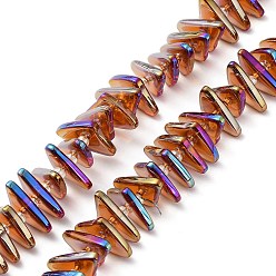 Orange Electroplate Transparent Glass Beads Strands, Rainbow Plated, Triangle, Orange, 9x15.5~16mm, Hole: 1mm, about 120pcs/strand, 24.57~25.67''(62.4~65.2cm)