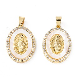 Real 18K Gold Plated Brass Micro Pave Clear Cubic Zirconia Pendants, Long-Lasting Plated, Oval with Virgin Mary, Real 18K Gold Plated, 27.5x19x2.5mm, Hole: 4.5x3.5mm