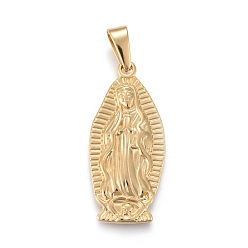 Oro 304 colgantes de acero inoxidable de la dama de guadalupe, medalla milagrosa, virgen maría, dorado, 40x18x3.5 mm, agujero: 4.5x9 mm