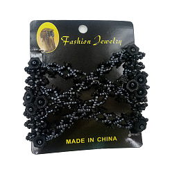 Black Iron Hair Bun Makers, Stretch Double Hair Combs, with Acrylic and Glass seed beads, Black, 90x80mm